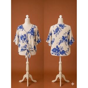 Studio Petite Floral Tie Front Top PL Blue Boho Summer Blouse